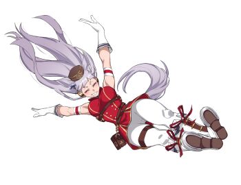 1girl absurdres animal_ears armband belt blunt_bangs blush boots bow breasts brown_hat commentary drop_kick ear_bow ear_covers ear_ribbon english_commentary flying_kick full_body gloves gluteal_fold gold_ship_(red_strife)_(umamusume) gold_ship_(umamusume) grey_hair hair_spread_out happy hat highres hooves horse_ears horse_girl horse_tail kicking leaning_to_the_side legs_together long_hair mg991998 midair panties pants pantyshot pillbox_hat school_uniform smile solo solo_focus striped_armband striped_clothes tail tracen_school_uniform tracen_training_uniform umamusume underwear white_background white_gloves white_pants