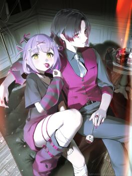 2girls absurdres arm_warmers belt black_belt black_hair black_pants black_shirt candy choker collared_shirt couch demon_horns demon_wings dress food fruit hair_ornament highres horns indoors jewelry kisaragi_ren_(vtuber) leg_warmers looking_at_viewer multiple_girls nail_polish necktie on_couch pants pink_eyes pink_vest purple_dress rasa_k reverse_trap ring shinomiya_runa shirt short_hair short_sleeves sleeves_rolled_up strawberry vest virtual_youtuber vspo! waistcoat white_necktie wings x_hair_ornament yellow_background