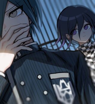 Rule 34 | 2boys, bishounen, black hair, brown eyes, buttons, checkered clothes, checkered scarf, collared jacket, commentary, covering own mouth, danganronpa (series), danganronpa v3: killing harmony, double-breasted, eyelashes, flipped hair, hair between eyes, hand over own mouth, highres, jacket, long sleeves, looking at another, looking at viewer, looking to the side, male focus, multiple boys, oma kokichi, pinstripe jacket, pinstripe pattern, purple eyes, purple hair, saihara shuichi, scarf, short hair, smile, striped clothes, striped jacket, tago (matsu0da), two-tone scarf