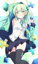Rule 34 | 1girl, :3, arm up, armpits, bare shoulders, black skirt, black thighhighs, blue background, blunt bangs, blush, breasts, closed mouth, collared shirt, commentary, cross, cross-shaped pupils, cross earrings, cube, cube hair ornament, dot nose, earrings, green eyes, green hair, green halo, green jacket, green nails, green necktie, hair between eyes, hair ornament, halo, hand up, highres, holding cube, jacket, jewelry, long hair, long sleeves, looking at viewer, medium breasts, miniskirt, multicolored background, nail polish, necktie, off shoulder, one side up, open clothes, open jacket, original, pleated skirt, polka dot, polka dot background, polka dot jacket, revision, shirt, skirt, sleeveless, sleeveless shirt, smile, solo, symbol-only commentary, symbol-shaped pupils, thighhighs, thighs, two-sided fabric, two-sided jacket, white background, white shirt, x, zettai ryouiki, zoirun