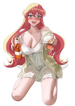 1girl alcohol blue_pupils blush bottle breasts cleavage collarbone colored_sclera commentary_request cup double-parted_bangs drinking_glass drunk green_sclera hair_between_eyes hair_down highres holding holding_bottle holding_cup jacket kneeling large_breasts long_hair looking_at_viewer maria_cadenzavna_eve maria_desirer nightgown open_clothes open_jacket open_mouth pink_hair senki_zesshou_symphogear simple_background smile socks solo spaghetti_strap very_long_hair wavy_mouth wavy_sidelocks whisky_glass white_background white_jacket white_socks wispy_bangs
