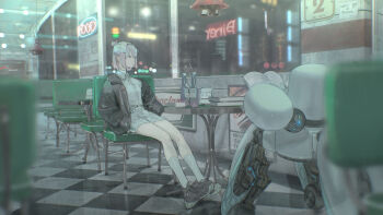 1girl black_jacket book brown_footwear chair closed_mouth diner grey_hair highres indoors jacket neon_lights original robot scenery science_fiction shirt sitting skirt socks solo sora-bakabon table white_shirt white_skirt white_socks