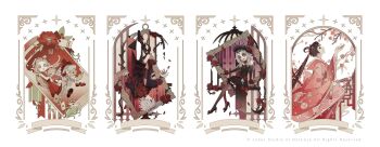 1boy 3girls :o ada_mesmer ada_mesmer_(everlasting_night) bandaged_leg bandages birdcage black_bridal_gauntlets black_capelet black_collar black_dress black_eyes black_eyeshadow black_footwear black_hair black_nails black_shirt black_shorts black_socks black_veil black_vest blonde_hair book book_on_head braid bridal_gauntlets button_eyes buttons cage capelet cherry_blossoms child collar copyright_notice corsage cross cross_earrings doll dress dress_flower earrings emil_(identity_v) emil_(luminary)_(identity_v) empty_picture_frame eyeshadow facial_mark falling_petals feet_out_of_frame fingernails fishnet_thighhighs fishnets flower flying_paper fold-over_boots folded_fan folding_fan full_body gloves gradient_skin green_eyes grey_eyes grey_hair hair_flower hair_ornament hair_rings half-closed_eyes hand_fan hand_up high-low_skirt high_heels highres holding holding_doll holding_fan hollow_eyes identity_v in_container in_jar japanese_clothes jar jewelry kimono lace lace-trimmed_gloves lace-trimmed_legwear lace_trim lattice legwear_garter letter liquid long_hair long_sleeves looking_at_another looking_at_viewer looking_to_the_side looking_up makeup mary_janes memory_(aging)_(identity_v) memory_(identity_v) michiko_(identity_v) multiple_girls object_on_head official_alternate_costume official_art paper parted_bangs parted_lips petals picture_frame pink_flower pink_kimono plant pleated_dress ponytail profile puffy_long_sleeves puffy_sleeves red_dress red_flower red_footwear red_lips red_rose red_theme rose round_window sharp_fingernails shirt shoes short_hair shorts side_braid sitting sleeveless sleeveless_dress smile socks solid_eyes strapless strapless_dress tailcoat thighhighs thorns tiara tree upside-down veil vest vines wavy_hair white_background wide_sleeves window wrist_flower zero_(jckz2334)