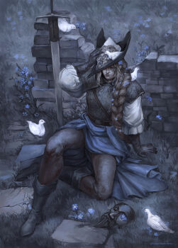 1girl absurdres armor bird black_boots black_gloves black_hat blue_flower blue_skirt boots braid breastplate brick_wall brown_hair buriedknight closed_eyes closed_mouth commentary dark_souls_(series) dark_souls_ii dove english_commentary flower full_body gloves grass grey_pantyhose hat highres long_hair lucatiel_of_mirrah mask on_ground pantyhose pauldrons planted planted_sword planted_weapon shoulder_armor side_braid single_braid sitting skirt solo sword tricorne unworn_mask weapon