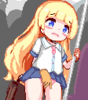 1boy 1girl animated animated_gif bag blonde_hair blue_eyes blue_skirt blush chikan clothing_aside commentary_request cum cum_in_pussy cum_overflow cumdrip disembodied_hand ejaculation fingering fingering_through_clothes fingering_through_panties hetero hinainf indoors loli long_hair lowres miniskirt moaning molestation open_mouth orgasm original paid_reward_available panties panties_aside panty_pull penis pink_panties pixel_art pulling_another&#039;s_clothes pussy school_uniform sex shirt short_sleeves skirt solo_focus standing standing_sex thighs through_clothes torso_grab train_interior underwear vaginal white_shirt