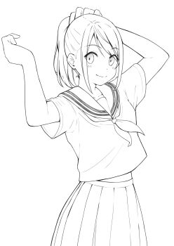 1girl absurdres adjusting_hair arms_up blush breasts collarbone cowboy_shot highres lineart looking_at_viewer midriff_peek monochrome neckerchief negimiso1989 original pleated_skirt ponytail sailor_collar school_uniform serafuku short_sleeves sidelocks simple_background skirt small_breasts smile solo swept_bangs white_background