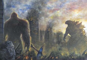 axe battle_axe blue_sky bone_axe bone_weapon building city claws cloud crossover destruction embers fire g.n.a giant giant_monster glowing glowing_axe glowing_weapon godzilla godzilla_(series) godzilla_vs._kong hong_kong kaiju king_kong king_kong's_battle_axe king_kong_(series) legendary_pictures mecha mechagodzilla monster monsterverse no_humans robot sky skyscraper smoke spikes sunrise toho_(movie_company) weapon