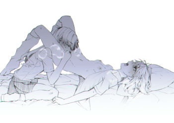 2girls absurdres bed_sheet blush closed_eyes commentary_request cunnilingus greyscale higashizukihi_sei highres leg_lift long_hair misaka_mikoto monochrome multiple_girls nipples on_bed open_mouth oral school_uniform sheet_grab shokuhou_misaki short_hair simple_background sitting sketch socks sweat tearing_up toaru_kagaku_no_railgun toaru_majutsu_no_index tokiwadai_school_uniform unbuttoned unbuttoned_shirt wariza white_background yuri