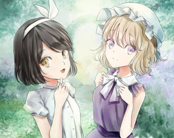 2girls :d blonde_hair bow breasts brown_eyes brown_hair buttons collar commentary dress dress_bow hair_between_eyes hairband hand_on_own_chin happy hat highres long_dress looking_at_viewer maribel_hearn mob_cap multicolored_eyes multiple_girls open_mouth poteimo_(poteimo622) purple_dress purple_eyes shirt short_hair short_sleeves smile touhou two-tone_eyes usami_renko white_bow white_collar white_hat white_shirt yellow_eyes