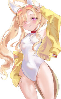 1girl absurdres animal_ear_fluff animal_ears bare_shoulders blonde_hair blue_archive blush breasts commentary_request forehead fox_ears grin hair_over_one_eye halo hat highleg highleg_one-piece_swimsuit highres jacket klash long_hair long_sleeves looking_at_viewer off_shoulder one-piece_swimsuit parted_bangs pink_eyes seia_(blue_archive) seia_(swimsuit)_(blue_archive) side_ponytail sidelocks small_breasts smile solo sunglasses swimsuit tail thighs tinted_eyewear visor_cap white_one-piece_swimsuit yellow-tinted_eyewear yellow_hat yellow_jacket