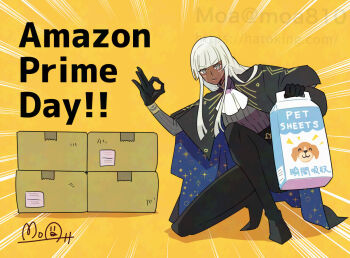 Rule 34 | 1girl, amazon (company), black gloves, black pants, blue dress, blunt bangs, box, brigitta (metaphor: refantazio), cardboard box, closed mouth, commentary request, dark-skinned female, dark skin, dress, gloves, grey eyes, hato moa, holding, long hair, looking at viewer, metaphor: refantazio, ok sign, on one knee, pants, pee pad, simple background, solo, sparkle, watermark, web address, white hair