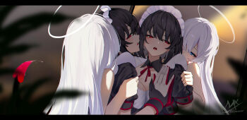 2girls absurdres against_mirror angel_and_devil angel_girl_(shimmer) black-haired_demon_girl_(shimmer) black_hair blue_eyes breast_press breasts commentary demon_tail gloves halo highres letterboxed long_hair maid_headdress medium_breasts mirror multiple_girls open_mouth original red_eyes shimmer short_hair symbol-only_commentary tail traditional_halo white_hair yuri