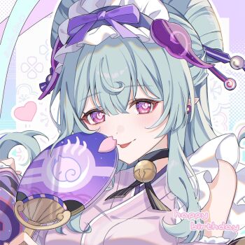Rule 34 | 1girl, :p, bell, black choker, blue hair, blush, choker, closed mouth, commentary request, earrings, frilled hairband, frills, genshin impact, hair between eyes, hairband, hand fan, happy birthday, highres, holding, holding fan, japanese clothes, jewelry, kimono, long hair, looking at viewer, neck bell, nihongami, nya inuha, pink kimono, pointy ears, purple eyes, smile, solo, tongue, tongue out, yumemizuki mizuki