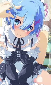 1girl 1other black_dress black_ribbon black_sleeves blue_eyes blue_hair blush breasts cleavage_cutout closed_mouth clothing_cutout commentary_request detached_sleeves dress girl_on_top hair_between_eyes hair_ornament hair_ribbon hand_in_another&#039;s_hair headpat indoors long_sleeves looking_at_viewer nazonaji neck_ribbon pink_ribbon pov pov_hands re:zero_kara_hajimeru_isekai_seikatsu rem_(re:zero) ribbon roswaal_mansion_maid_uniform short_hair sitting sitting_on_person small_breasts smile solo_focus straddling two-tone_dress white_dress x_hair_ornament