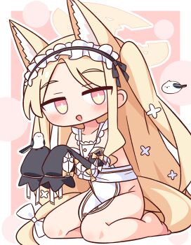 1girl :d animal_ear_fluff animal_ears apron barefoot bird black_hairband black_sleeves blonde_hair blue_archive blush border bow bright_pupils collarbone commentary_request detached_sleeves fox_ears fox_girl fox_tail frilled_hairband frills full_body hair_bow hairband halo hana_kazari highres long-tailed_tit long_hair long_sleeves looking_at_viewer naked_apron one_side_up open_mouth outside_border parted_bangs pink_background seia_(blue_archive) sitting sleeves_past_fingers sleeves_past_wrists smile solo tail tit_(bird) very_long_hair white_apron white_border white_bow white_pupils yellow_eyes yellow_halo