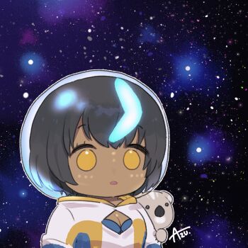1girl azu_(kirara310) black_hair chibi cleavage_cutout clothing_cutout dark-skinned_female dark_skin fate/grand_order fate_(series) helmet highres koala meme short_hair signature space_cat_(meme) space_helmet star_(symbol) star_symbol_background wandjina_(fate) wandjina_(first_ascension)_(fate) yellow_eyes