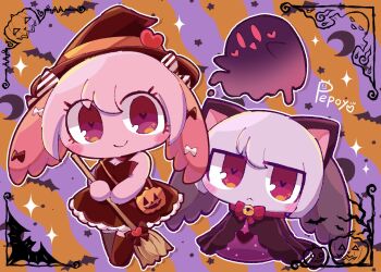 Rule 34 | 1boy, 1girl, :<, animal ears, arms at sides, artist name, bag, bare arms, bare shoulders, bat (animal), bell, black bow, black dress, black hat, black jacket, black thighhighs, bow, bowtie, breasts, broom, brother and sister, cat ears, chibi, chibi only, cleavage, closed mouth, colored skin, diagonal-striped background, double-parted bangs, dress, fake animal ears, full body, ghost, hair between eyes, halloween bucket, halloween costume, hat, hat ornament, head wings, heart, heart-shaped pupils, heart hat ornament, highres, holding, holding broom, inset border, jacket, jitome, long sleeves, looking at viewer, neck bell, open clothes, open jacket, orange background, orange bag, original, outline, pepoyo, pink eyes, pink skin, purple background, purple shirt, purple skin, red bow, red bowtie, red wings, shinde-chan, shirt, shoulder bag, siblings, sleeveless, sleeveless dress, small breasts, smile, sparkle, standing, striped background, symbol-shaped pupils, thighhighs, two-tone background, white bow, white outline, wings, witch hat, yande-kun, zettai ryouiki