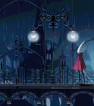 Rule 34 | 1girl, arthropod girl, black skin, bug, building, butterfly, city, cloak, colored skin, from behind, full body, highres, hollow knight, hollow knight: silksong, horned mask, hornet (hollow knight), horns, in-universe location, insect, katatsumuririri, mask, needle (hollow knight), rain, red cloak, solo, standing, weapon, wet, white mask