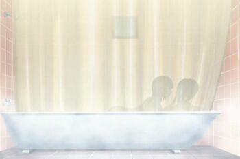 2girls animated animated_gif bath bathroom bathtub brown_hair female_focus indoors kenjou_kaname kiss kiyashiki_momomi long_hair multiple_girls nude same-sex_bathing shared_bathing short_hair strawberry_panic! yuri