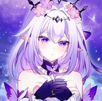1girl bare_shoulders breasts bug butterfly castorice_(honkai:_star_rail) chinese_commentary commentary_request dress flower gloves hair_flower hair_ornament highres honkai:_star_rail honkai_(series) insect long_hair looking_at_viewer medium_breasts pointy_ears purple_eyes purple_gloves purple_hair smile solo su_jiujiu tiara upper_body very_long_hair white_dress