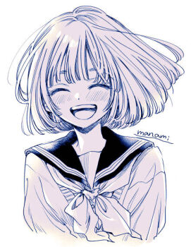 1girl :d artist_name blush bob_cut commentary_request cropped_torso facing_viewer greyscale happy himawari-san kazamatsuri_matsuri monochrome neckerchief open_mouth sailor_collar school_uniform serafuku shirt short_hair signature simple_background smile solo sugano_manami teeth upper_body upper_teeth_only white_background