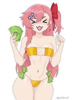 &gt;_&lt; 1girl :3 :d banknote bare_shoulders bikini blush bow braid breasts clam cleavage collarbone cowboy_shot dollar_bill dollar_sign eyepatch_bikini g-string girls&#039;_frontline gold_bikini hair_between_eyes hair_bow hair_ornament hair_over_shoulder hairclip hexagram hexagram_hair_ornament holding holding_money linea_alba long_hair money navel negev_(girls&#039;_frontline) nevtelen open_mouth pink_hair red_bow simple_background single_braid small_breasts smile solo star_of_david strapless strapless_bikini string_bikini swimsuit thigh_gap thong tucked_money twitter_username underboob watermark white_background x3 xd