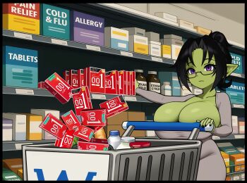 1girl beef breasts cleavage colored_skin commentary condom_box dongtan_dress dress female_goblin goblin green_skin grey_dress grimgrim groceries grocery_store highres huge_breasts large_ears long_pointy_ears original pointy_ears purple_eyes scoop_neck shopping shortstack solo speech_bubble symbol-only_commentary taut_clothes taut_dress tight_clothes tight_dress