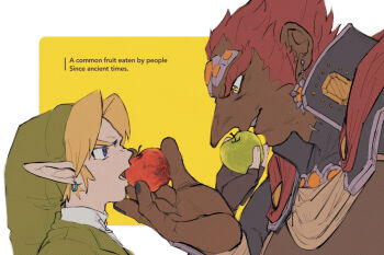 Rule 34 | 2boys, apple, big nose, black nails, blonde hair, blue eyes, earrings, english text, food, forehead jewel, fruit, ganondorf, gerudo, green tunic, grrr0111, hat, holding, holding food, holding fruit, hoop earrings, jewelry, large hands, link, looking at another, male focus, multiple boys, nintendo, open mouth, orange eyes, pointy ears, red hair, short hair, the legend of zelda, the legend of zelda: ocarina of time, tunic, yaoi