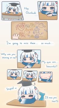 1girl :t =_= ^_^ absurdres ai_ai_gasa anger_vein bloop_(gawr_gura) blue_eyes blue_hair blush blush_stickers bubba_(watson_amelia) closed_eyes cookie death-sensei_(mori_calliope) desk ebi-chan_(gawr_gura) embarrassed english_text fins fish_tail food gawr_gura gawr_gura_(1st_costume) hair_ornament halo hat highres hololive hololive_english kotori_(takanashi_kiara) math medium_hair mortarboard mpien multicolored_hair polearm school_desk scythe shark_hair_ornament shark_tail smile smol_ame solo stitches streaked_hair tail takodachi_(ninomae_ina&#039;nis) trident two_side_up virtual_youtuber watson_amelia weapon white_hair