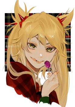 Rule 34 | 1girl, ajuji aju, blonde hair, bow, bowtie, burn the witch, candy, commentary request, double-parted bangs, food, green eyes, highres, holding, holding candy, holding food, holding lollipop, lips, lollipop, long hair, looking at viewer, nail polish, ninny spangcole, plaid background, red bow, red bowtie, simple background, solo, tongue, tongue out, twintails, twitter username, white background