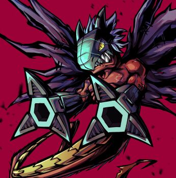 Rule 34 | digimon, digimon (creature), dragon, highres, mechanical arms, megadramon, no humans, red background, ridgeone, sharp teeth, short hair, simple background, teeth, torn wings, wings, yellow eyes