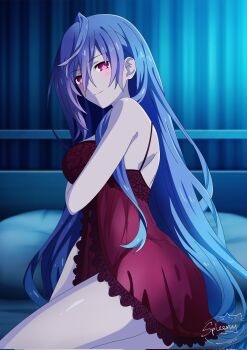 1girl babydoll bed corrupted_twitter_file curtains highres iris_heart_(neptunia) lingerie long_hair looking_at_viewer neptune_(series) night on_bed pink_eyes purple_hair smile spleeny underwear
