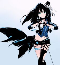 Rule 34 | 1girl, belt, black gloves, black hair, black jacket, black shorts, black thighhighs, blue belt, blue eyes, blue shirt, chain, closed mouth, commentary, fascinator, feet out of frame, fingerless gloves, flat chest, garter straps, gloves, gradient background, grey background, highres, holding, holding microphone, idolmaster, idolmaster cinderella girls, jacket, long hair, long sleeves, looking at viewer, medium bangs, microphone, midriff, navel, open clothes, open jacket, shibuya rin, shirt, short shorts, shorts, single thighhigh, smile, solo, studded belt, thigh belt, thigh strap, thighhighs, tugmix, watch, wristwatch