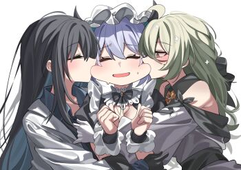 3girls ahoge biting biting_cheek black_gloves black_hair blue_eyes blue_hair blue_shirt blush closed_eyes coat collared_shirt commentary commission cross-shaped_pupils de_lacey_(neural_cloud) de_lacey_(pollen_pulse)_(neural_cloud) english_commentary female_professor_(neural_cloud) girls&#039;_frontline girls&#039;_frontline_neural_cloud gloves green_hair highres horns hug long_hair looking_at_another maid maid_headdress multiple_girls official_alternate_costume open_mouth professor_(neural_cloud) purple_eyes rirua_(kjom802) second-party_source shirt simple_background smile symbol-shaped_pupils undine_(clumsy_band&#039;s_maid_service)_(neural_cloud) undine_(neural_cloud) upper_body white_background white_coat
