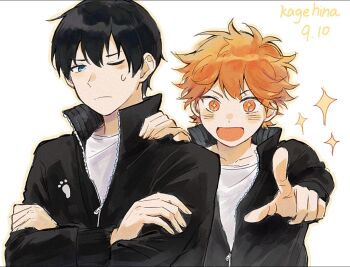 2boys black_jacket blush closed_mouth crossed_arms haikyuu!! hand_on_another's_shoulder hashtag-only_commentary hinata_shouyou jacket kageyama_tobio male_focus multiple_boys one_eye_closed open_mouth orange_eyes orange_hair partially_unzipped pointing pointing_at_viewer sevenlistening ship_name shirt short_hair simple_background sparkle sparkling_eyes track_jacket undershirt white_background white_shirt zipper_pull_tab