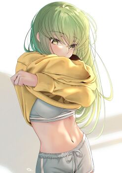 1girl absurdres blush breasts budgiepon c.c. clothes_lift code_geass commentary covered_mouth cowboy_shot crossed_arms crossed_bangs dolphin_shorts eyelashes eyes_visible_through_hair green_hair grey_shorts hair_between_eyes hands_up highres lifting_own_clothes long_hair looking_at_viewer medium_breasts midriff navel nose scar scar_on_stomach shorts sidelighting signature simple_background solo sports_bra stomach straight_hair sweater sweater_lift translated very_long_hair white_background yellow_eyes yellow_sweater
