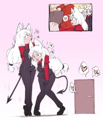 1boy 3girls ? absurdres animal_ears arm_around_back armband arms_behind_back black_gloves black_necktie black_pants black_shoes black_vest blush breasts breath cerberus_(helltaker) collared_shirt constricted_pupils demon_girl demon_tail dildo dog_ears dog_girl door drooling egg_vibrator fang female_focus female_orgasm flat_color formal_clothes full-face_blush full_body gloves grabbing_another&#039;s_arm gradient_background hair_tie heart helltaker helltaker_(character) highres hitachi_magic_wand knees_together_feet_apart leaning_forward long_hair long_sleeves looking_afar looking_to_the_side low-tied_long_hair medium_breasts multiple_girls multiple_views necktie orgasm pants parted_bangs pink_background red_eyes red_shirt sakifox saliva sex_toy shared_sense shirt shoes sidelocks speech_bubble spoken_heart standing stiff_tail sweat tail tiptoes trembling vest vibrator white_hair wide-eyed