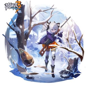 1girl absurdres blue_jacket bow bronya_zaychik bronya_zaychik_(snowy_sniper) closed_mouth dragunov_svd drill_hair grey_eyes grey_hair grey_sky gun hair_bow highres holding holding_gun holding_weapon honkai_(series) honkai_impact_3rd jacket official_art outdoors rifle scarf simple_background sky sniper sniper_rifle snowing solo standing twin_drills weapon white_background winter_clothes yellow_scarf