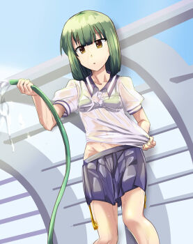 Rule 34 | 1girl, ban tsugumi, blunt bangs, bob cut, bra, bra visible through clothes, breasts, collarbone, collared shirt, commentary request, cowboy shot, day, green bra, green hair, groin, highres, holding, holding hose, hose, looking at viewer, mashitono desu, orange eyes, parted lips, pulling own clothes, purple skirt, renpu girls school uniform, school uniform, shirt, short hair, short sleeves, skirt, small breasts, solo, standing, summer uniform, toji no miko, underwear, water, wet, wet clothes, wet shirt, white shirt