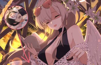 1boy 1girl angel_wings black_one-piece_swimsuit blonde_hair blue_archive book breasts closed_eyes closed_mouth commentary_request doodle_sensei_(blue_archive) eyewear_on_head false_smile feathered_wings food giving_up_the_ghost gloom_(expression) hair_between_eyes halo highres holding holding_book holding_macaron holy-san_(makuu) lap_pillow large_breasts long_hair low_wings macaron nagisa_(blue_archive) nagisa_(swimsuit)_(blue_archive) official_alternate_costume official_alternate_hairstyle one-piece_swimsuit open_book ponytail sensei_(blue_archive) shaded_face smile solo solo_focus sunglasses swimsuit tinted_eyewear upper_body white_wings wings