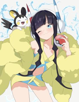 1girl ;) absurdres black_hair blue_eyes blue_nails chiseinalice closed_mouth coat collarbone commentary_request elesa_(pokemon) emolga eyelashes gen_5_pokemon hand_up happy headphones highres holding holding_poke_ball leaning nail_polish navel nintendo one_eye_closed open_clothes open_coat poke_ball poke_ball_(basic) pokemon pokemon_(creature) pokemon_bw2 short_hair_with_long_locks smile white_background yellow_coat