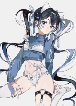 1girl bandaid bandaid_on_cheek bandaid_on_face black_eyes black_hair blue_jacket closed_mouth cowboy_shot crop_top cropped_jacket hair_ribbon heart heart_o-ring highres inu_totemo jacket long_hair long_sleeves looking_at_viewer midriff navel no_pants no_shoes o-ring o-ring_thigh_strap original panties ribbon simple_background sitting solo thigh_strap thighhighs track_jacket twintails underwear vertical-striped_sleeves wariza white_background white_panties white_ribbon white_thighhighs zipper