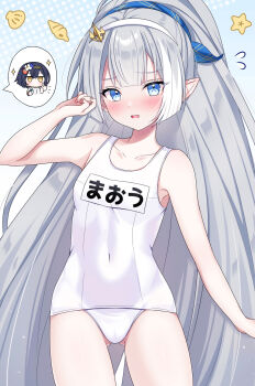 2girls blue_eyes blush breasts character_request commentary_request female_tyrant_(stella_sora) highres long_hair multiple_girls name_tag one-piece_swimsuit pointy_ears school_swimsuit small_breasts stella_sora swimsuit tyrant_(stella_sora) white_one-piece_swimsuit yomogi_(becr)