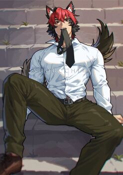 1boy alternate_costume animal_ear_fluff artist_name belt black_belt black_hair black_necktie black_tail brown_hair buttons collared_shirt commentary covered_pectorals english_commentary green_pants highres komano_manato looking_at_viewer male_focus mouth_hold multicolored_hair necktie necktie_in_mouth pants pectorals red_hair shirt short_hair shoucchi96 sitting sitting_on_stairs solo stairs sweat two-tone_hair variant_set white_shirt zenless_zone_zero