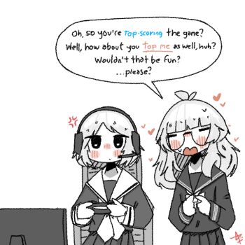 2girls absurdres anger_vein antenna_hair ashenov black_eyes blush closed_eyes closed_mouth commentary controller english_commentary english_text game_controller glasses grey_hair headset heart highres holding holding_controller holding_game_controller index_fingers_together long_hair long_sleeves monitor multiple_girls open_mouth original pleated_skirt round_eyewear school_uniform simple_background skirt speech_bubble sweatdrop white_background yuri