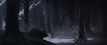 Rule 34 | bare tree, commentary, dark, english commentary, forest, highres, landscape, mouse (animal), nature, night, no humans, original, outdoors, painterly, scenery, snow, toebeez, tree