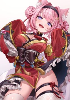 1girl absurdres animal_ears black_hairband blush breasts detached_sleeves double_bun dress hair_bun hair_intakes hair_rings hairband hakui_koyori hakui_koyori_(6th_costume) highres hololive large_breasts long_sleeves looking_at_viewer open_mouth pink_hair purple_eyes red_dress red_sleeves shagaihi simple_background sleeves_past_fingers sleeves_past_wrists smile solo teeth thighhighs thighs virtual_youtuber white_background white_thighhighs wolf_ears wolf_girl