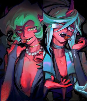 Rule 34 | 2girls, black dress, blue hair, breasts, demon girl, demon horns, dress, eating, green eyes, green hair, guru.zong, highres, horns, large breasts, long hair, looking at viewer, multiple girls, panty &amp; stocking with garterbelt, panty (psg), siblings, sisters, small breasts, stocking (psg)