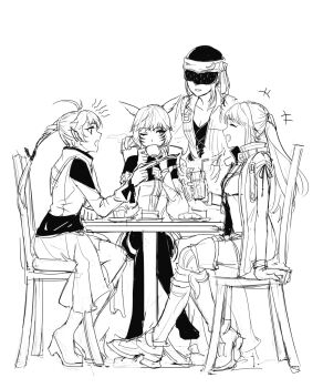 4girls alisaie_leveilleur animal_ears bamboo9545 blindfold boots braid cat_ears closed_eyes commentary crossed_arms cup drink drinking_straw elezen elf facial_mark final_fantasy final_fantasy_xiv greyscale high_heel_boots high_heels highres holding holding_cup holding_drink hume long_sleeves looking_at_another lyse_hext mask miqo&#039;te monochrome multiple_girls one_eye_closed open_mouth parted_lips plate pointy_ears ponytail siblings single_braid sisters sitting smile table teacup thigh_boots whisker_markings y&#039;shtola_rhul yda_hext