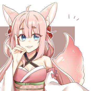 :3 animal_ear_fluff animal_ears blue_eyes breasts brown_background character_request cleavage commentary_request fox_ears fox_girl fox_shadow_puppet fox_tail hairstyle_request highres indie_virtual_youtuber kitsune long_hair open_mouth pale_skin pink_hair sakura_yuto single_bare_shoulder tail upper_body wide_sleeves